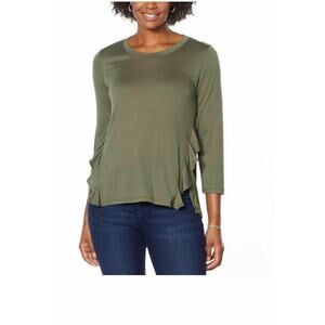 DG2 by Diane Gilman Ruffled Knit Hi-Low Hem Top, Olive, Small, NEW with tag